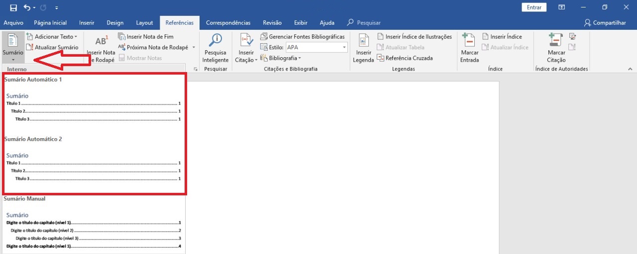 sumário automático no word