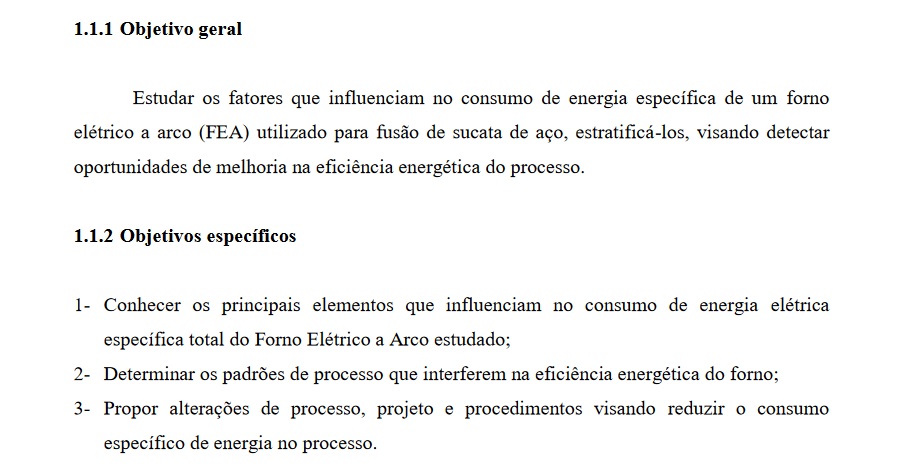 exemplo de objetivos gerais e específicos divididos em tópicos